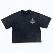 Black t-shirt with a logo on a white background