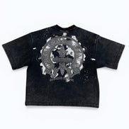 Black t-shirt with a graphic design on a white background