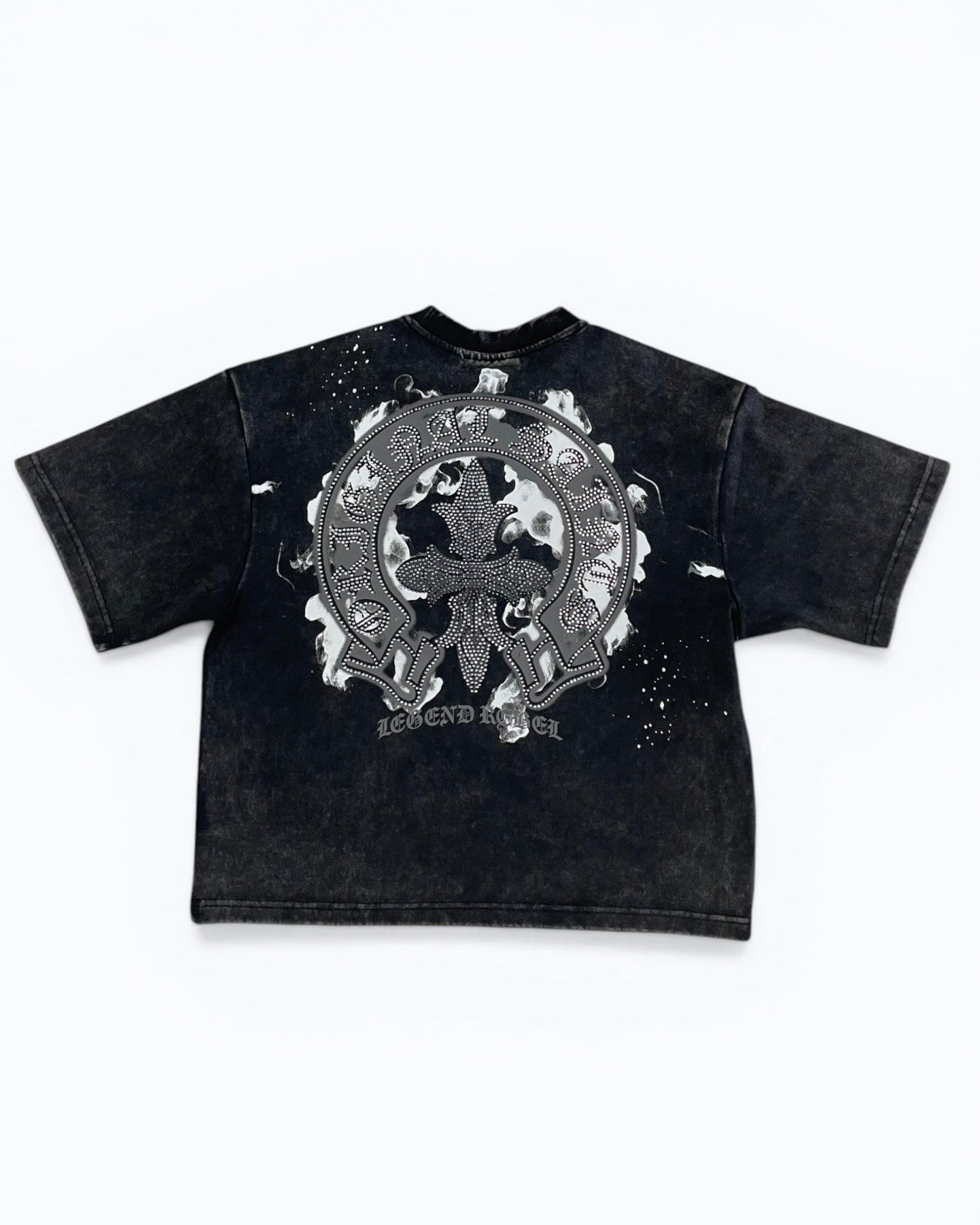 Black t-shirt with a graphic design on a white background