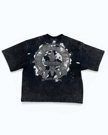 Black t-shirt with a graphic design on a white background