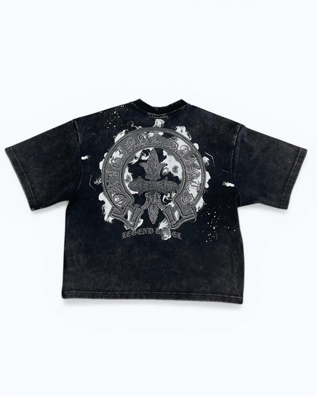 Black t-shirt with a graphic design on a white background