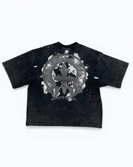 Black t-shirt with a graphic design on a white background