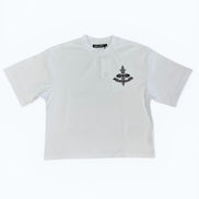 White t-shirt with a black logo on a white background