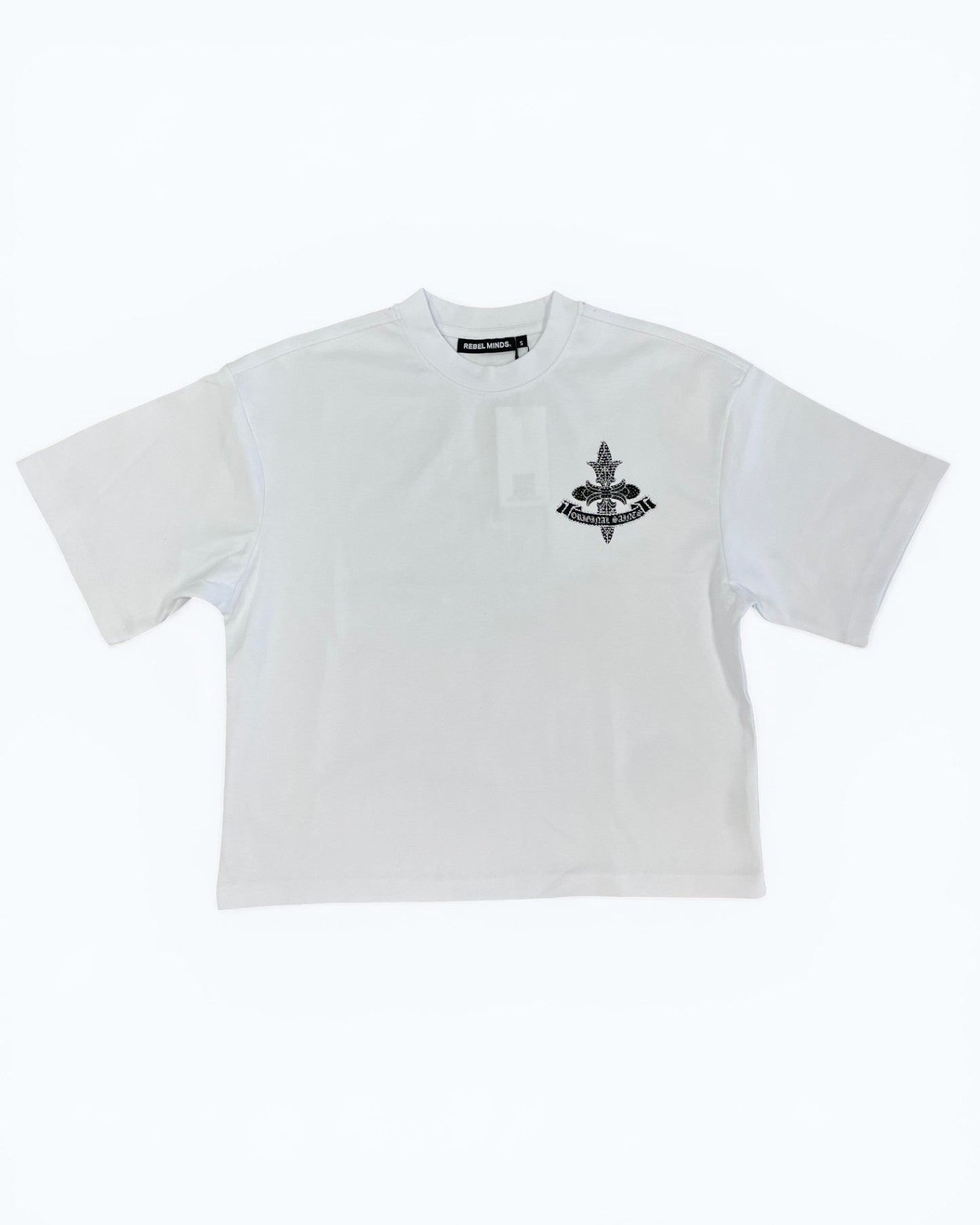 White t-shirt with a black logo on a white background