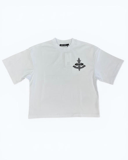 White t-shirt with a black logo on a white background