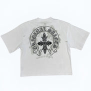 White t-shirt with black graphic design on a white background