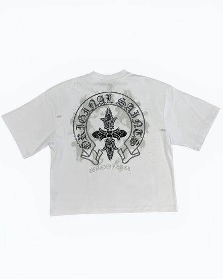 White t-shirt with black graphic design on a white background