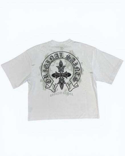 White t-shirt with black graphic design on a white background
