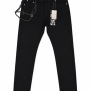 Black slim-fit jeans with a silver chain draped from the front pocket, displayed flat against a white background with a hangtag attached.