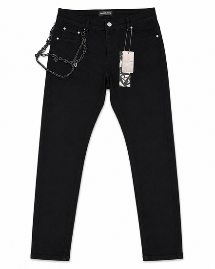 Black slim-fit jeans with a silver chain draped from the front pocket, displayed flat against a white background with a hangtag attached.