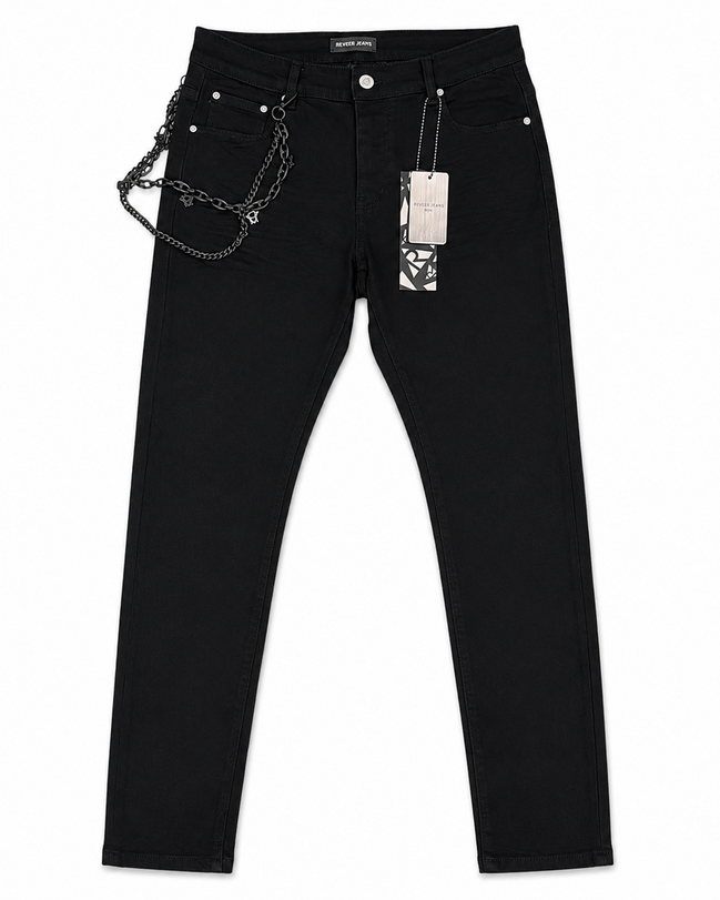 Black slim-fit jeans with a silver chain draped from the front pocket, displayed flat against a white background with a hangtag attached.