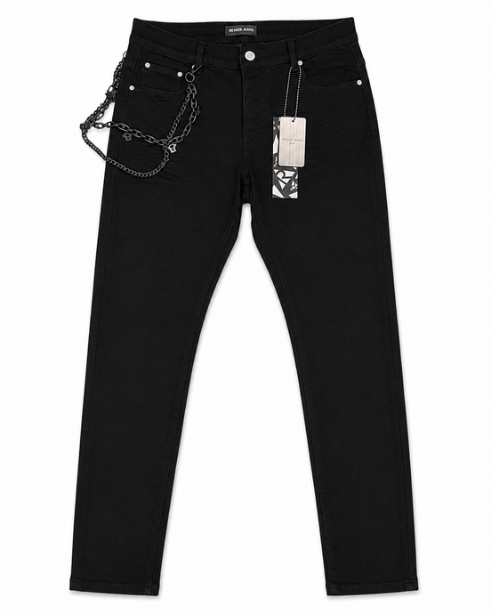 Black slim-fit jeans with a silver chain draped from the front pocket, displayed flat against a white background with a hangtag attached.