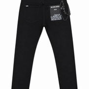 Black denim jeans shown from the back, featuring a pocket with a chain accessory hanging from the waistband and a hangtag that reads 'REVIVAL DENIM 508'.
