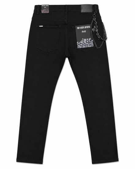 Black denim jeans shown from the back, featuring a pocket with a chain accessory hanging from the waistband and a hangtag that reads 'REVIVAL DENIM 508'.