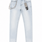 Light wash blue denim jeans with a silver chain accessory hanging from the front pocket, shown flat against a white background.