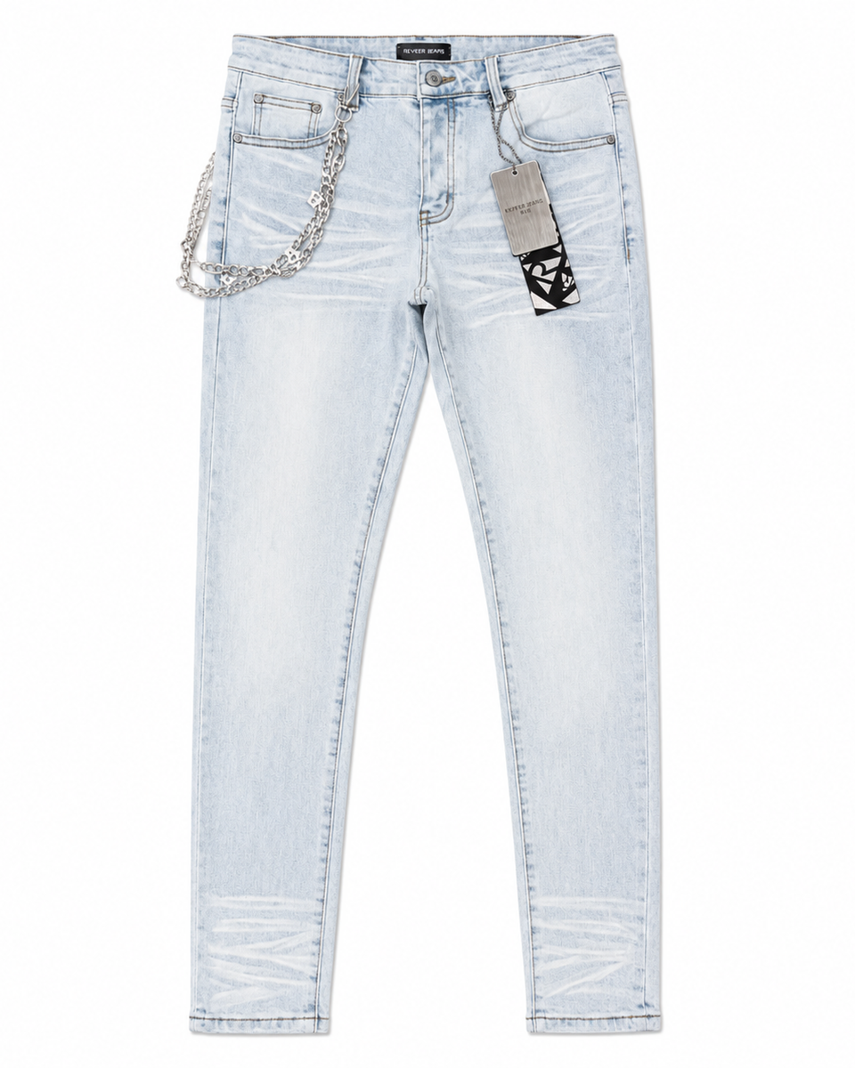 Light wash blue denim jeans with a silver chain accessory hanging from the front pocket, shown flat against a white background.