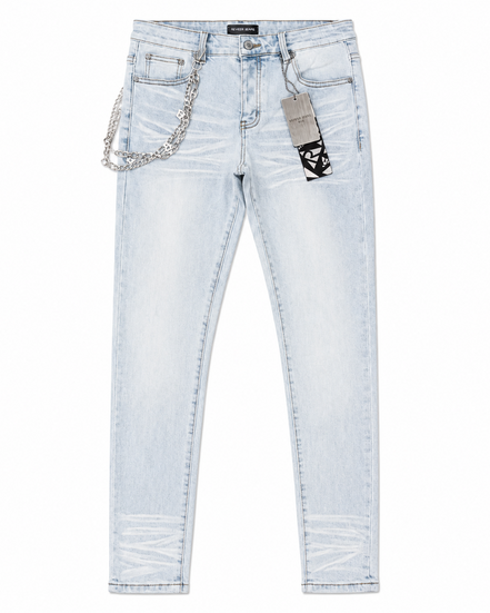 Light wash blue denim jeans with a silver chain accessory hanging from the front pocket, shown flat against a white background.
