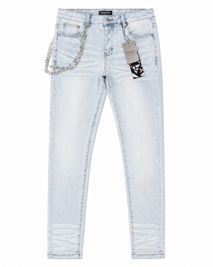 Light wash blue denim jeans with a silver chain accessory hanging from the front pocket, shown flat against a white background.