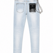 Light wash blue denim jeans shown from the back, featuring a black brand patch with a silver chain detail on the right pocket, on a plain white background.
