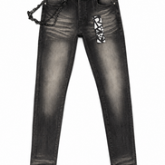 Black washed denim jeans with a decorative black chain hanging from the right pocket and a black-and-white geometric patterned patch on the left thigh, shown against a plain white background.