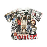 T-shirt with graphic design of people and text on a white background