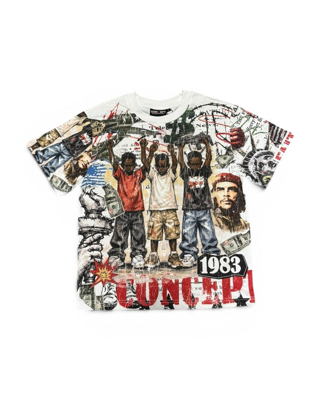 T-shirt with graphic design of people and text on a white background