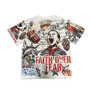 T-shirt with graphic design and text 'Faith Over Fear' on a white background