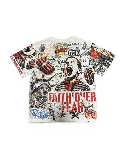 T-shirt with graphic design and text 'Faith Over Fear' on a white background