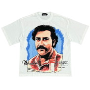 White t-shirt with a graphic of a man's face and signature on a white background