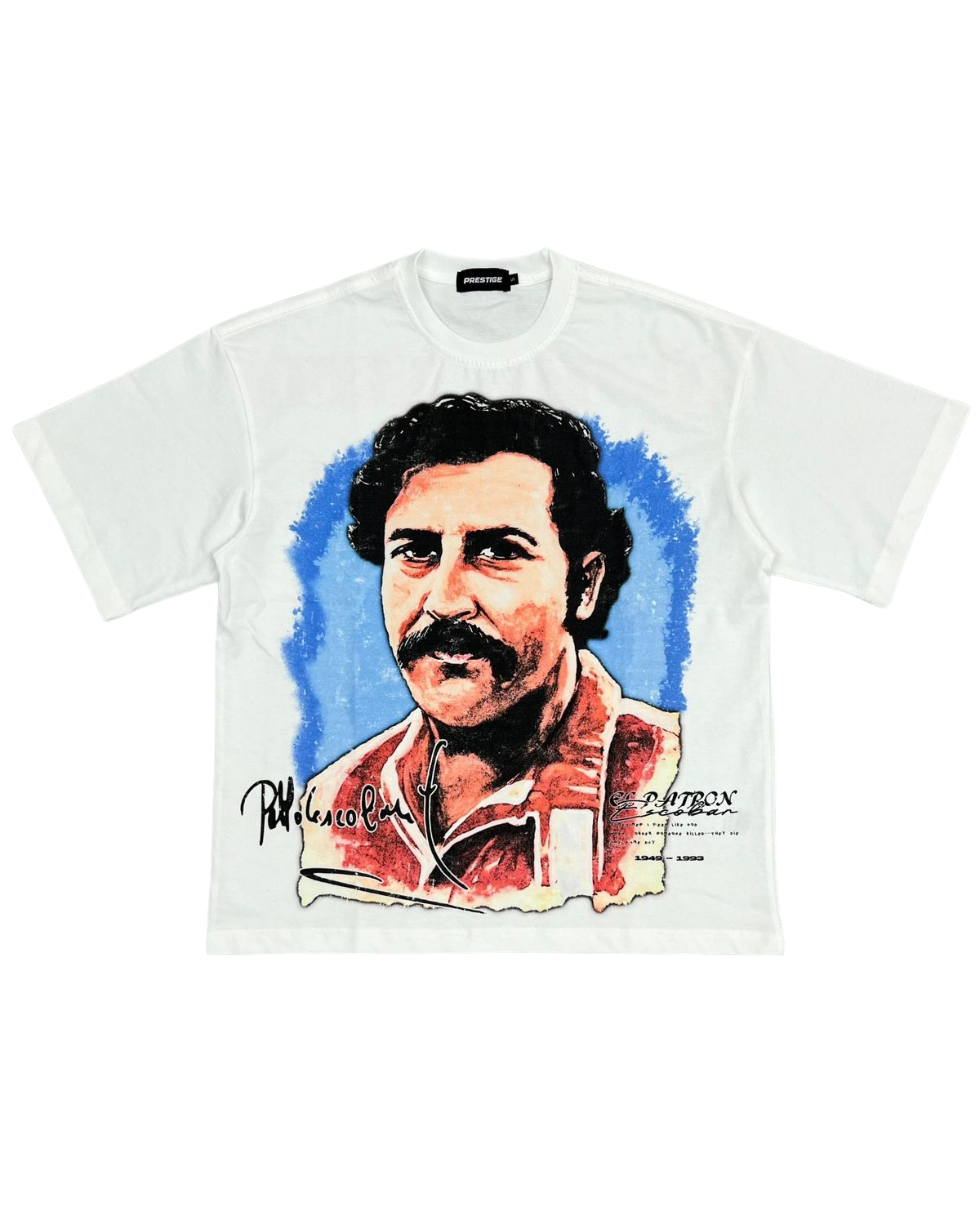White t-shirt with a graphic of a man's face and signature on a white background