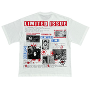 White t-shirt with graphic design and text on a white background