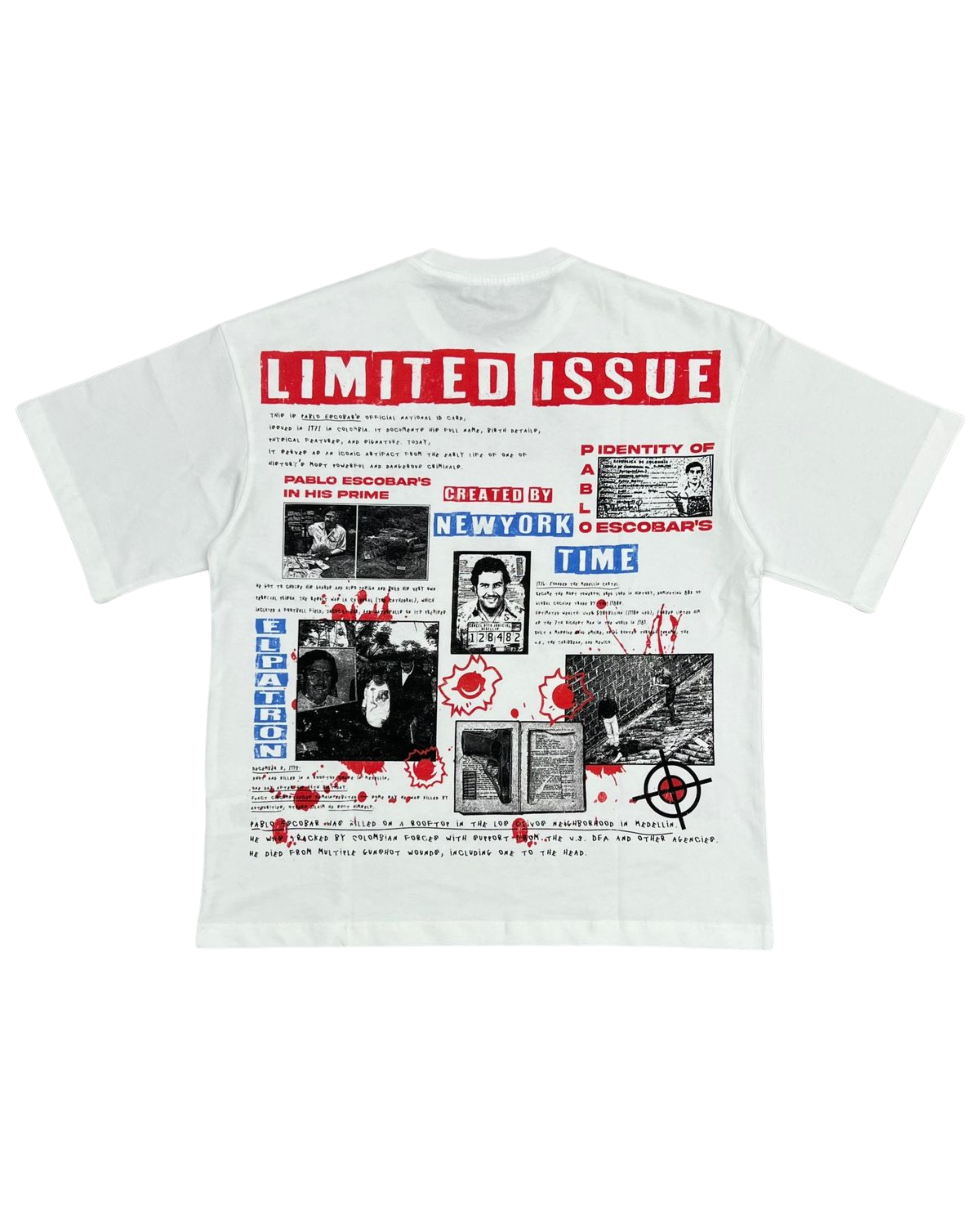 White t-shirt with graphic design and text on a white background