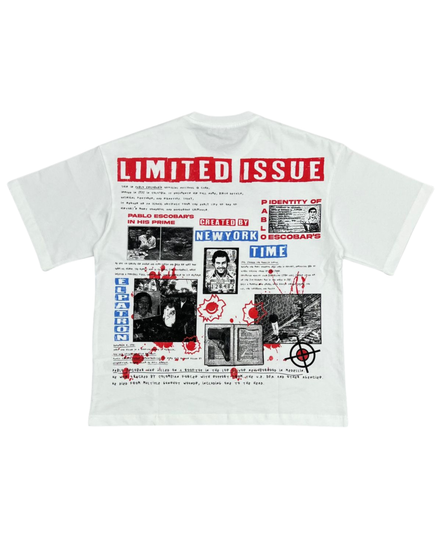 White t-shirt with graphic design and text on a white background