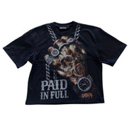 Black t-shirt with a graphic design and 'PAID IN FULL' text on a white background