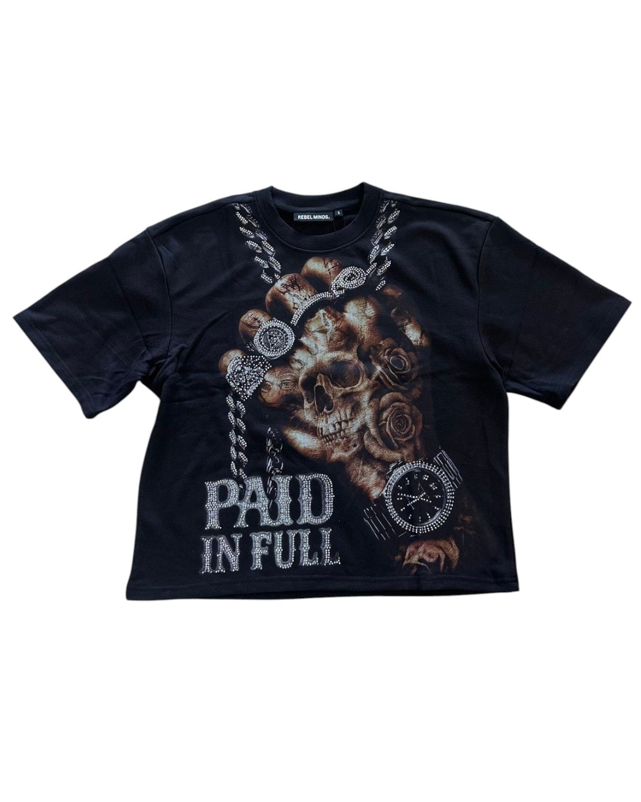 Black t-shirt with a graphic design and 'PAID IN FULL' text on a white background