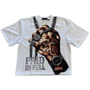 White t-shirt with a graphic design of a skull, roses, and chains on a white background