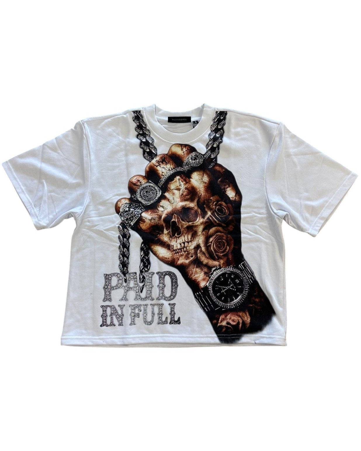 White t-shirt with a graphic design of a skull, roses, and chains on a white background