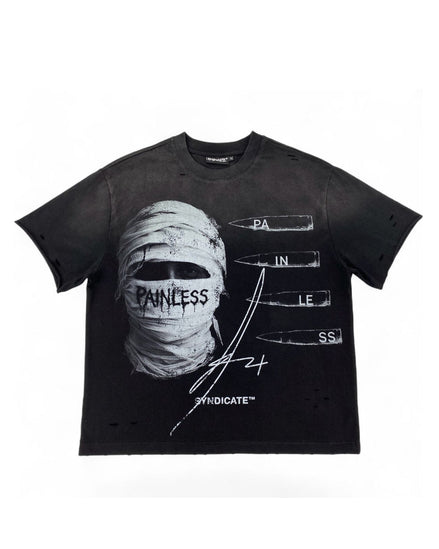 A black distressed graphic t-shirt featuring a mummified head design with the word 'PAINLESS' and bullet point text elements on the front, displayed against a plain white background.