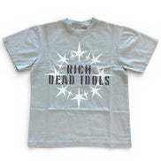 Gray t-shirt with 'Rich Dead Idols' text and star designs on a white background
