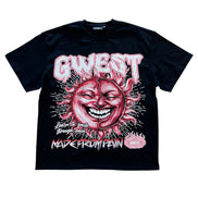 Black t-shirt with a pink graphic design featuring a sun and text on a white background