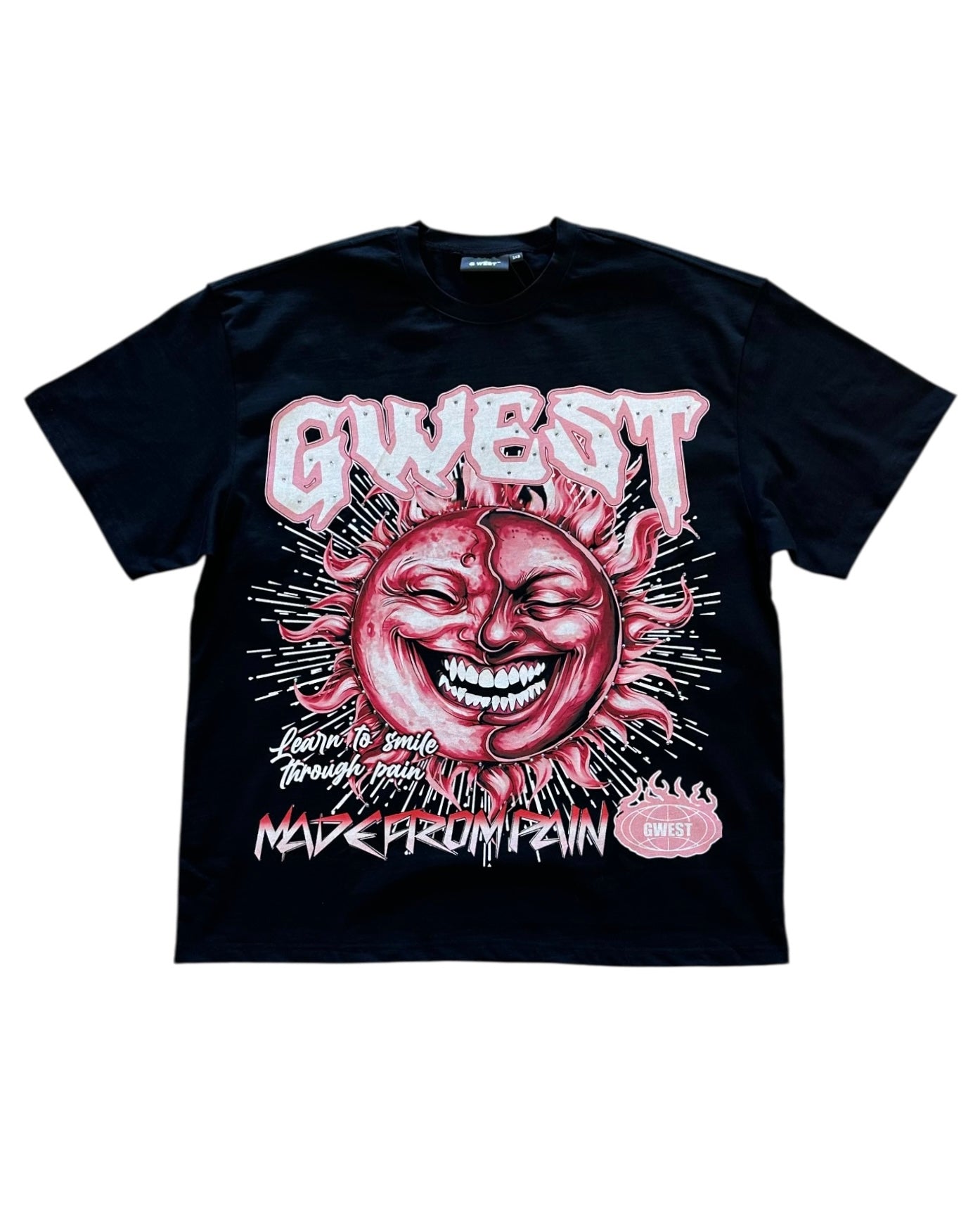 Black t-shirt with a pink graphic design featuring a sun and text on a white background