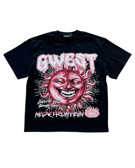 Black t-shirt with a pink graphic design featuring a sun and text on a white background
