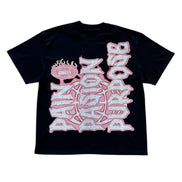 Black t-shirt with pink graphic design on a white background
