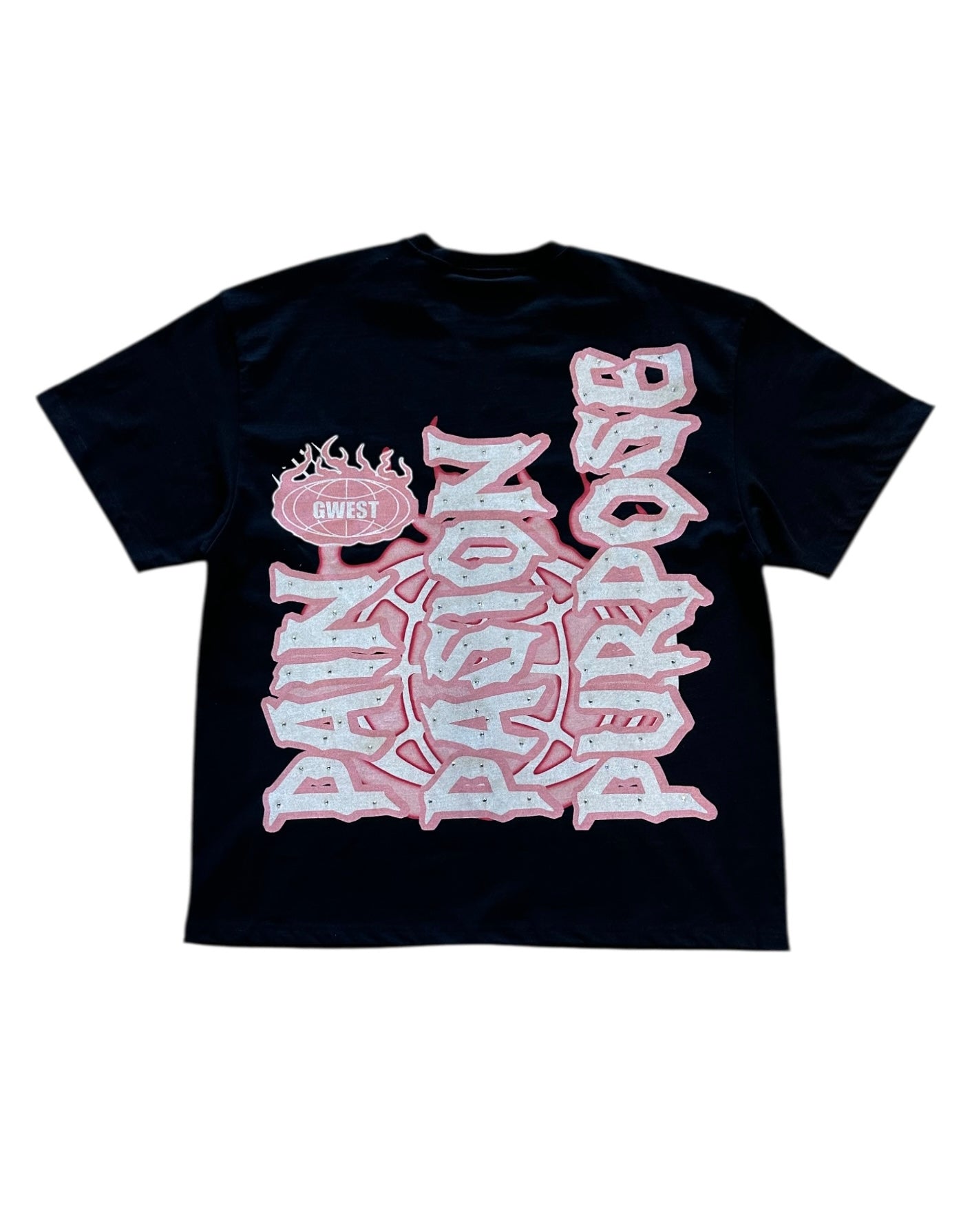 Black t-shirt with pink graphic design on a white background