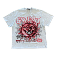 White t-shirt with red graphic design and text on a white background