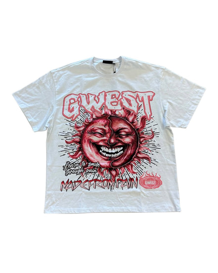 White t-shirt with red graphic design and text on a white background