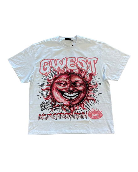 White t-shirt with red graphic design and text on a white background