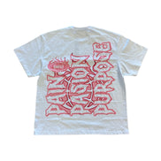 White t-shirt with red text design on a white background
