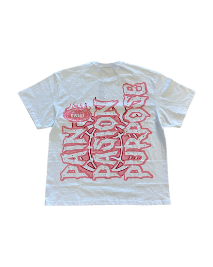 White t-shirt with red text design on a white background