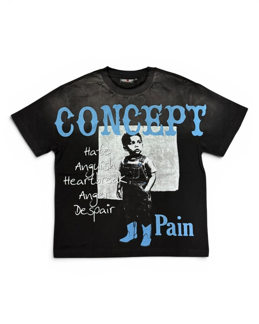 Black t-shirt with graphic design and text on a white background
